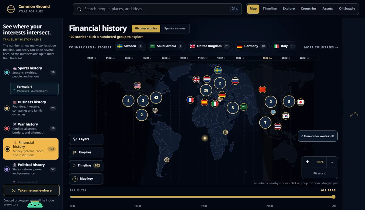 หน้าแรกของ Common Ground Atlas แผนที่โลกที่มีจำนวนเรื่องเล่าประวัติศาสตร์ในแต่ละประเทศ