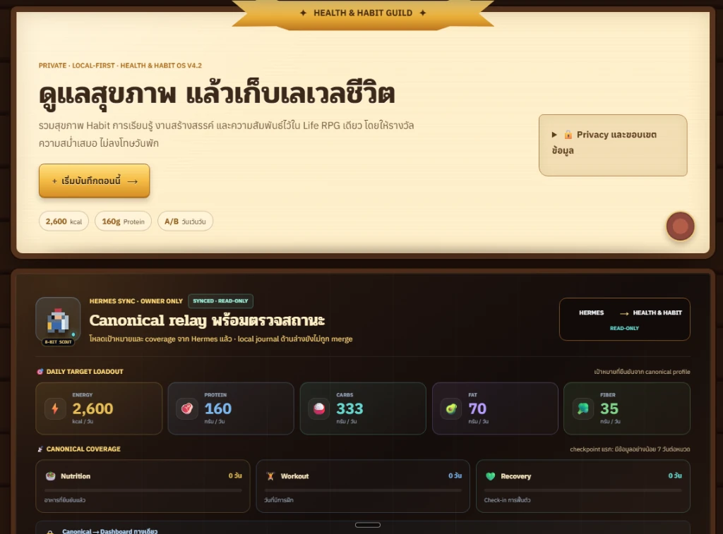 หน้าจอ Health & Habit Guild — ดูแลสุขภาพ แล้วเก็บเลเวลชีวิต