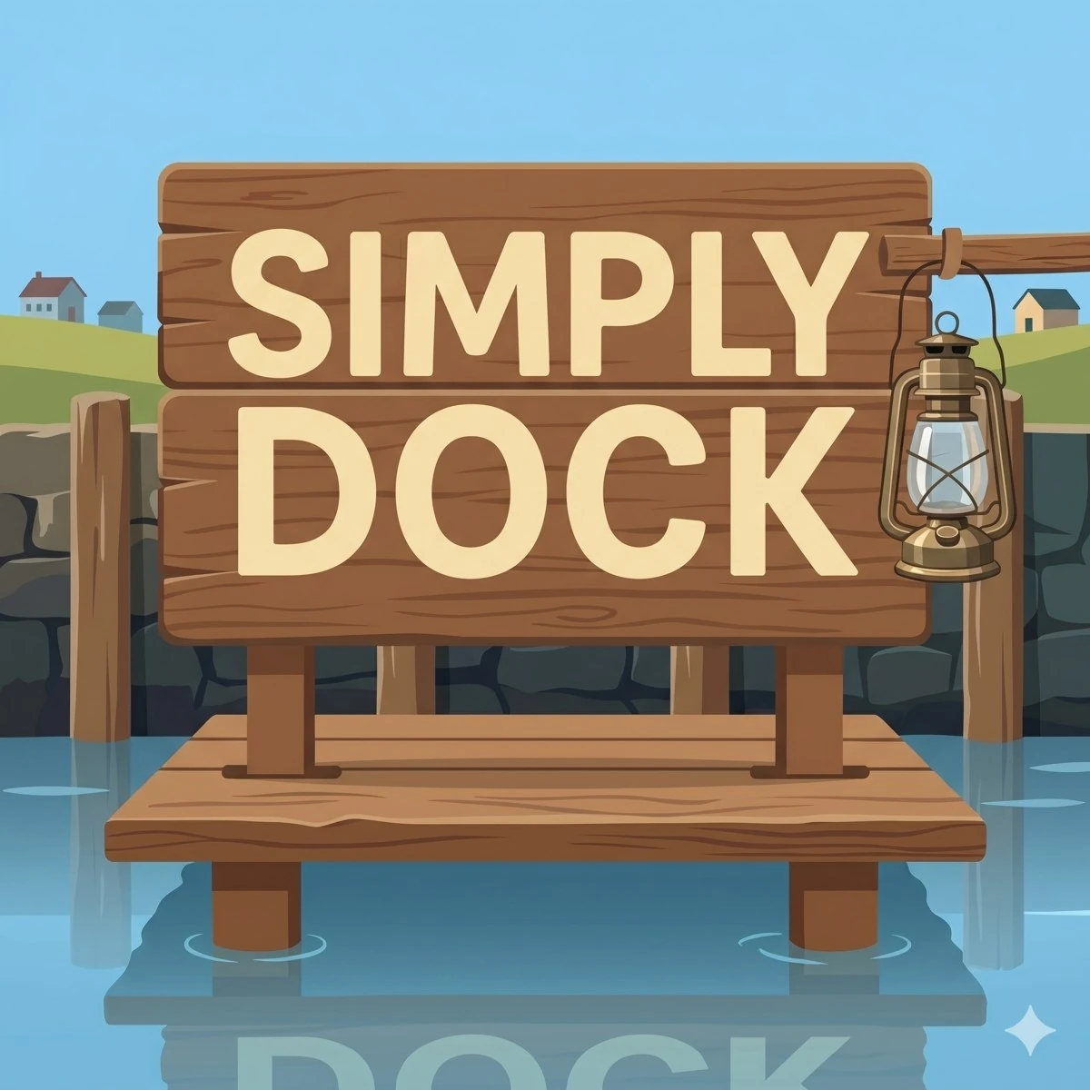 ป้ายไม้ Simply Dock พร้อมตะเกียงริมท่าเรือ